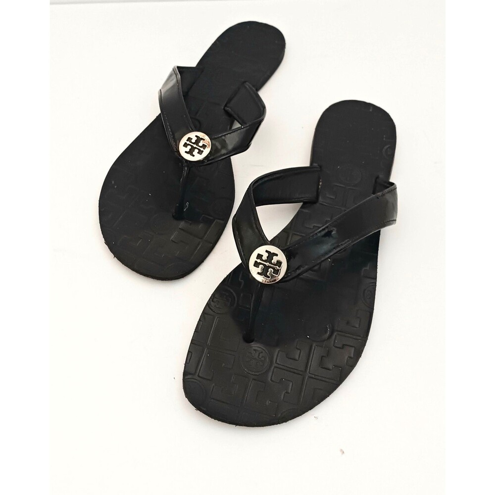 Tory Burch Thora Sandal Blk Patent Silver Logo Leather Logo Embossed Insole 10M